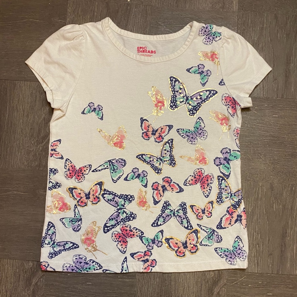 Epic Threads Macy’s Girls Butterfly Graphic Shirt Metallic Gold Details Size 6X